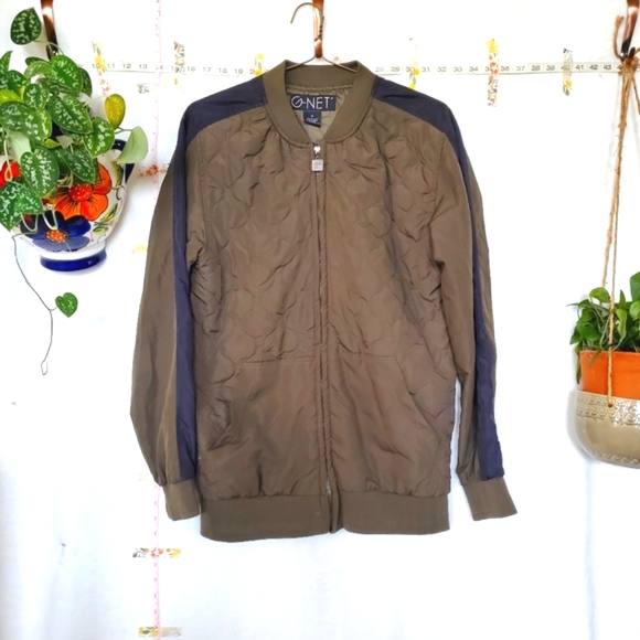 G-NET Other - G-NET Men's green vinyl puff bomber jacket black stripe zip up medium long